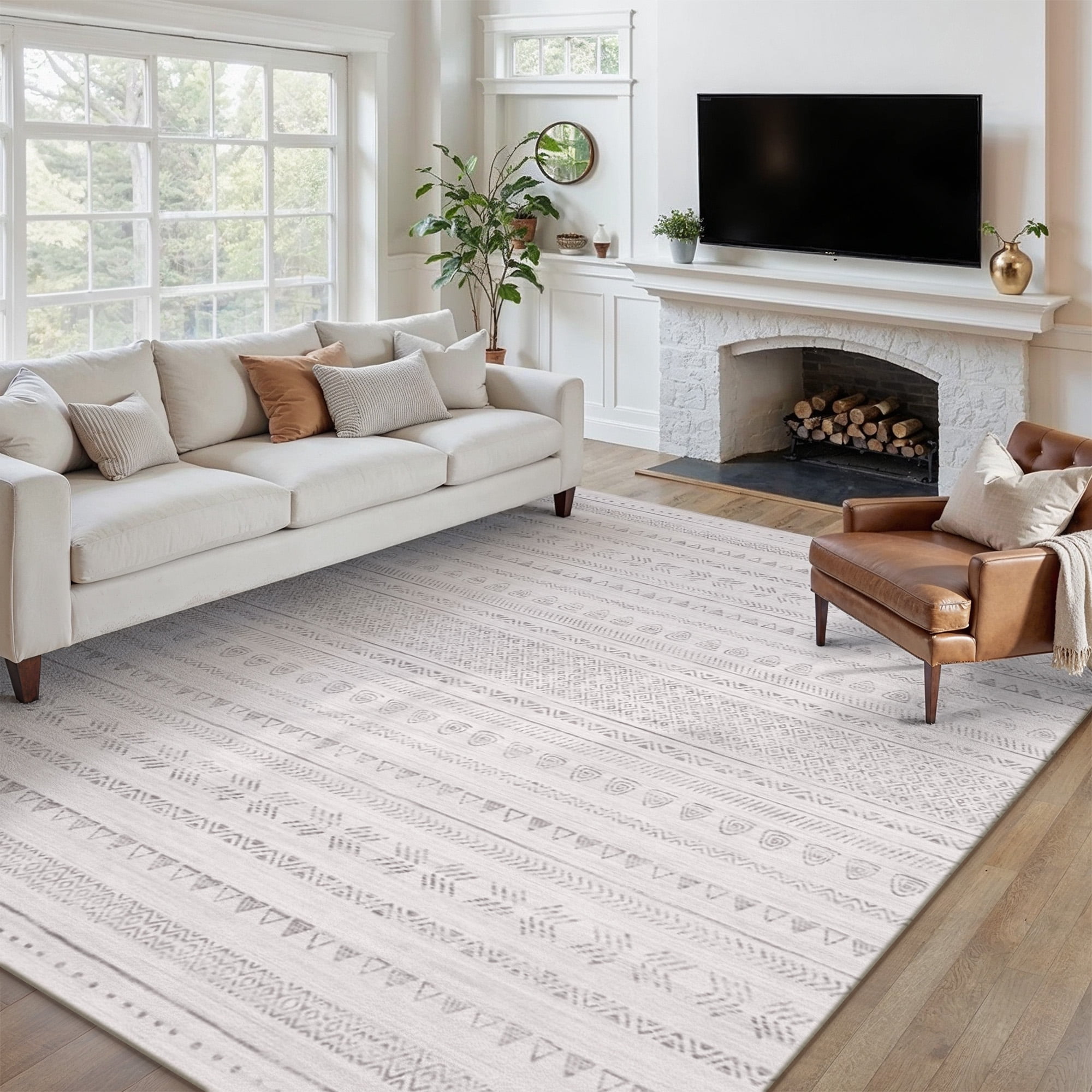 BERTHMEER Washable 5'x7' Area Rugs for Living Room Bedroom Kitchen Rugs Non Slip Gray Boho Moroccan Dorm Office Dining Room Distressed Bohemian Geometric Throw Rugs